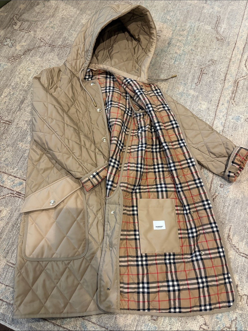 Burberry Quilted Hooded Trench Coat in Tan with Classic Check Lining